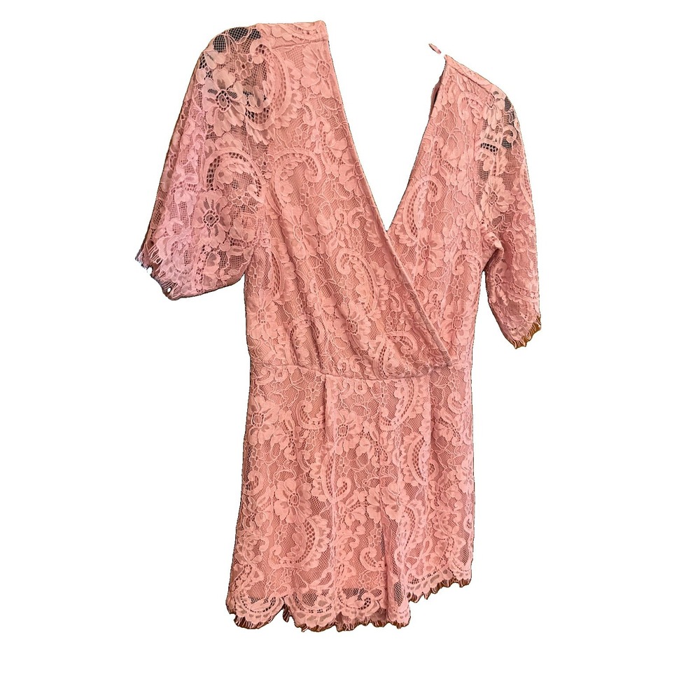 Francesca's Women's Jumpsuit Skort Pink Lace Lined Stretch Shorts Wrap Front XS